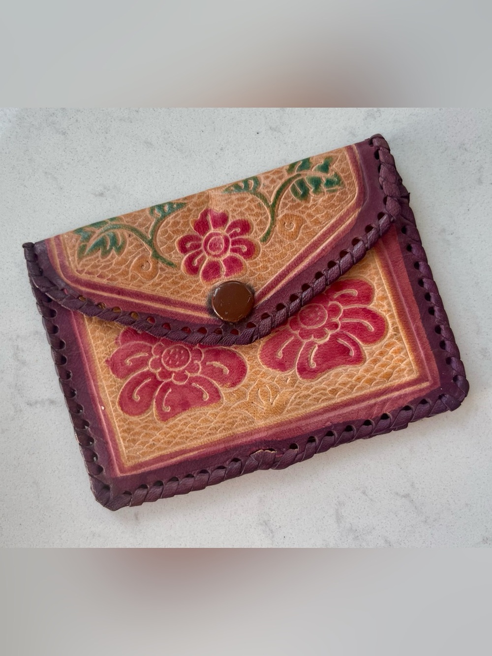 Handtooled Floral Leather Wallet - Burgundy and Tan